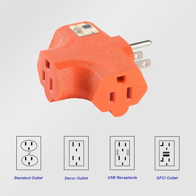 3 Outlet Adapter [UL Listed] 3 Way Outlet Splitter - T-Shaped Adapter Outdoor Power Splitter Grounded Wall Tap Heavy Duty (4, Orange)