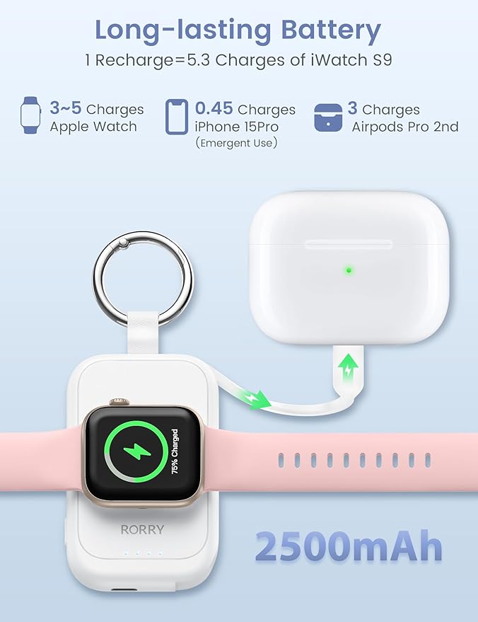 RORRY CharmGo Portable Charger for Apple Watch, 2500mAh Fast Charging for iWatch Charger, Travel Essentials Gifts with Built-in USB C Cable for Apple Watch Series 11 10 9 8 7 Ultra 3 2 SE, Off-White