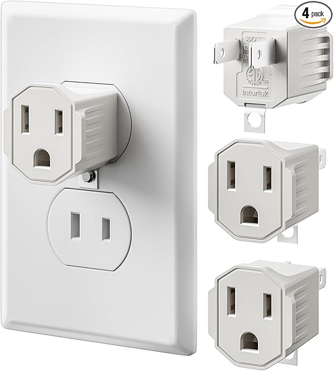 3 Prong to 2 Prong Adapter, ETL Listed Polarized Grounding Converter, Portable Plug Adapter, 3 Pin to 2 Pin Power Adapter for Wall Outlets Plugs, Heavy Duty Wall Plug for Old Homes White (4 Pack)