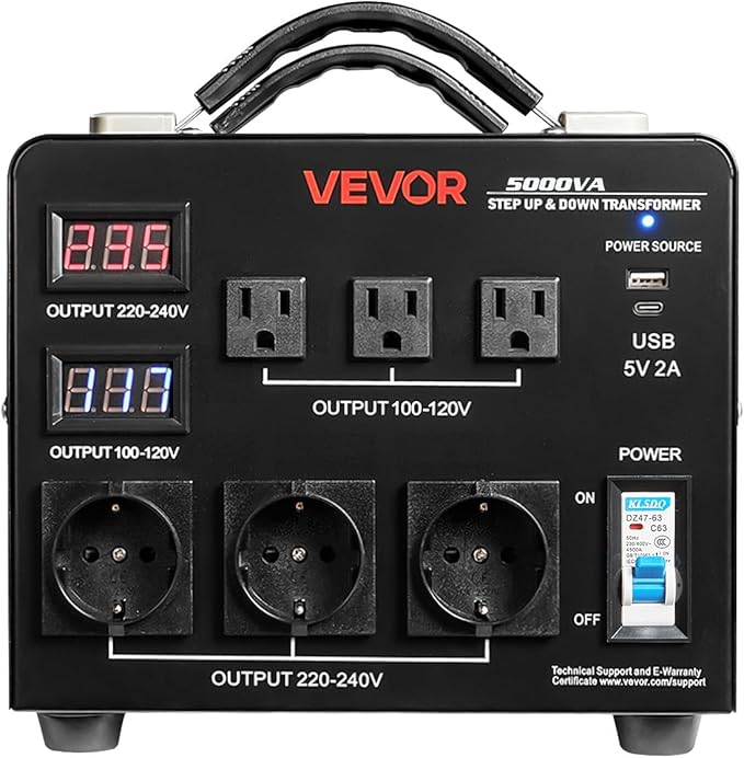 VEVOR Voltage Auto Converter Transformer, 5000VA, Heavy Duty Step Up/Down Power Transformer, 110V to 220V and 220V to 110V, with 3 US Outlets, 3 EU Outlets, LCD Display, Circuit Breaker Protection