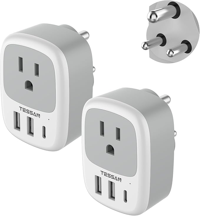 2 Pack US to India Plug Adapter, TESSAN Type D Travel Adapter with 1 Electrical Outlet 3 USB Ports (1 USB C), Power Outlet Adaptor for USA to India Nepal Maldives Pakistan Bangladesh Kuwait Yemen