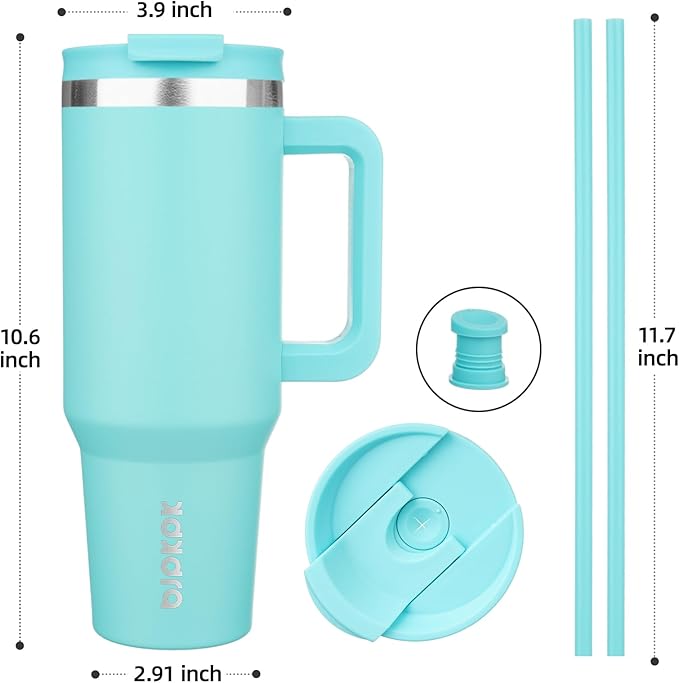BJPKPK 40 oz Stainless Steel Tumbler With Handle Insulated Tumblers With 2 Straw Travel Coffee Mug With Lid,Turquoise