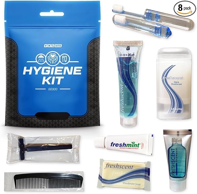 Travel Toiletry Kit, Hygiene Kit with Shaving Supplies for Travel, Business & Charity with Reusable Toothbrush, Bath Soap & Other Essential Toiletries, 3-Pack (GO300)