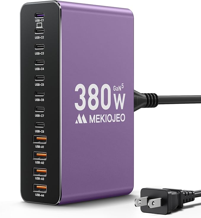 MEKIOJEO 12 Ports Aluminum Alloy 380W Charging Station Fast USB C Charger Block 65W Laptop GaN Charger for MacBook Pro/Air/iPad Pro/iPhone (Purple)