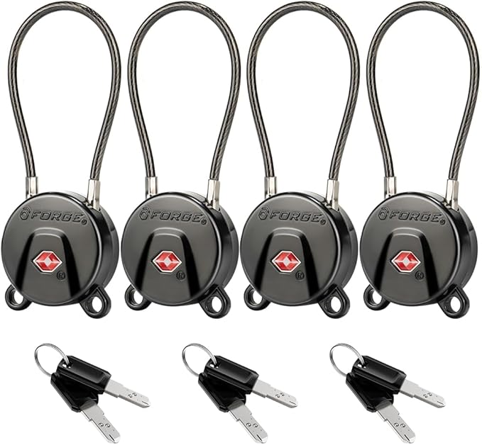 FORGE TSA Approved Luggage Locks Keyed Alike, TSA006 Dimple Key Cable Locks for Luggage, All Metal Zinc Alloy Travel Padlock for Luggage, Suitcase, Backpack, Gym Bags & Toolbox, Black 4 Cable Locks