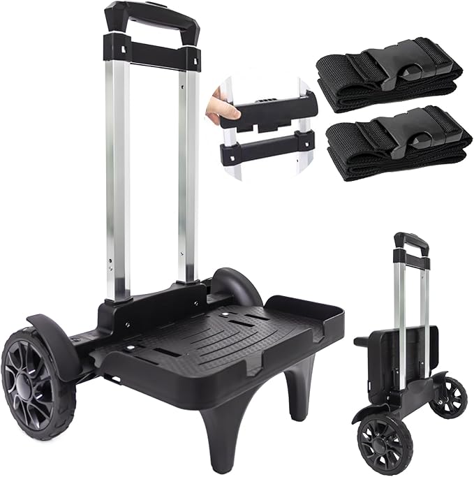 Folding Backpack Trolley with Large Solid Tank Wheels, Aluminum Alloy Luggage Cart with Edge Guard Base, Universal Hand Truck for Backpacks, Lunch Backpack,Golf Bag, Teenagers, Adults, School, Travel