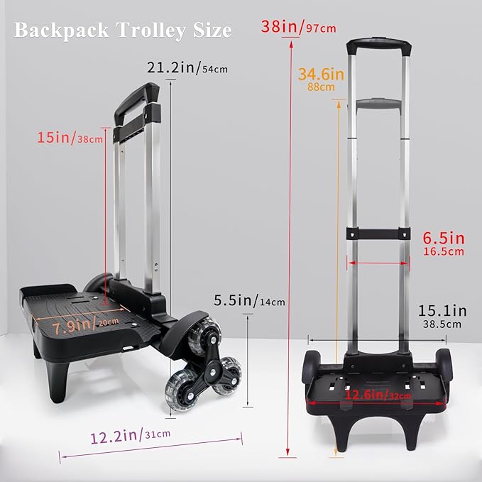 Foldable Backpack Luggage Trolley – 3-Wheel Portable Rolling Cart with Strap & Edge Guard Base, Heavy Duty Aluminum Folding Hand Truck for Travel, Commuting, Utility, and Daily Use