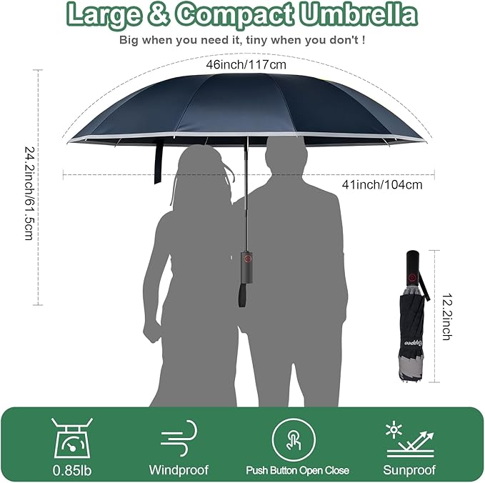 4-in-1 Inverted Travel Umbrella Compact, Automatic Large Umbrellas for Rain & Sun, Portable Windproof Umbrella for Backpack, Reverse Folding Umbrella for UV with Reflective Strips,Lightweight