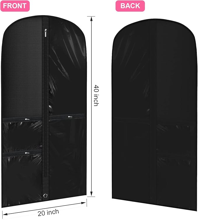 Woanger 6 Pcs Garment Bags for Dance Costumes Clear PVC with Zippers Garment Bag with Pockets Dance Costume Organizer Carrier for Storage Cover for Adult(Black,20'' X 40'')