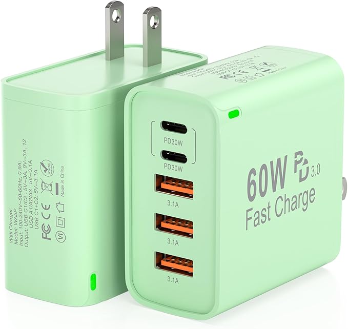 2Pack USB C Fast Charger Block, Total 60W 5-Port USB C Wall Charger 30W Type C Charging Block, 2USB C+3USB A PD 3.0 Multiport Charging Cube for iPhone 17 16 15 14 Pro Max, G-alaxy S26 S25 Ultra, i Pad