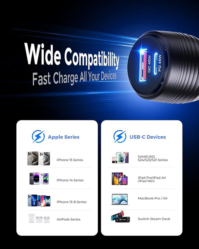 SUNDA 90W USB C Fast Car Charger, 2-Port Adapter, PD45W/QC45W QC 3.0 for iPhone 17/16 Pro/Max/iPhone 15/Laptop/Galaxy/Samsung S25/S24 (Black)