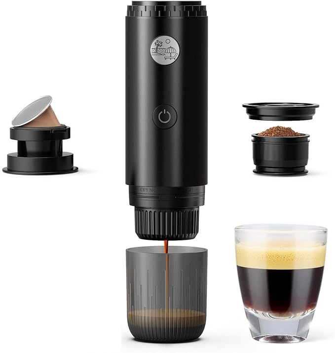 RECAFIMIL Portable 2-in-1 Coffee Maker, Portable 20 Bar Espresso Machine with Automatic Heating, Compatible with NS and Ground Coffee for Camping, Hiking Travel and Home (Black)