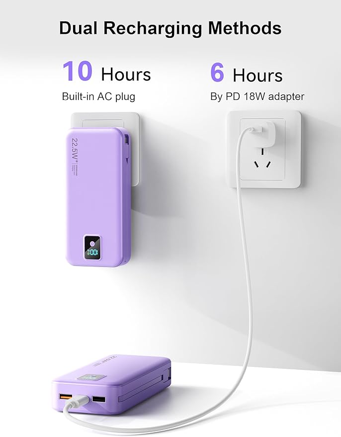Portable Charger, 20000mAh 22.5W Fast Charging Power Bank with Built-in Cables & Wall Plug, Travel Essentials Battery Pack with LED Display, USB C External Battery Bank for iPhone iPad, Samsung Purple