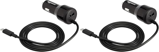 Amazon Basics 30W Fast Car Charger, 1 USB-C (18W) Cable with PD, 1 USB-A (12W) Port, Apple MFi Certified, for Phones (iPhone 16/15/14/13/12/11/X, Samsung, and More), Black (Pack of 2)