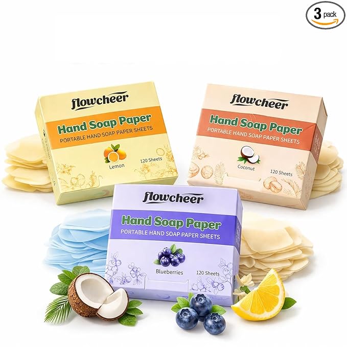 flowcheer Paper Soap Sheets (360 Pcs) - Lemon, Coconut, Blueberry Scents, Portable Travel Soap Sheets, Eco Dissolvable for Camping, Travel, Hiking, Outdoor & On-the-Go Hand Washing