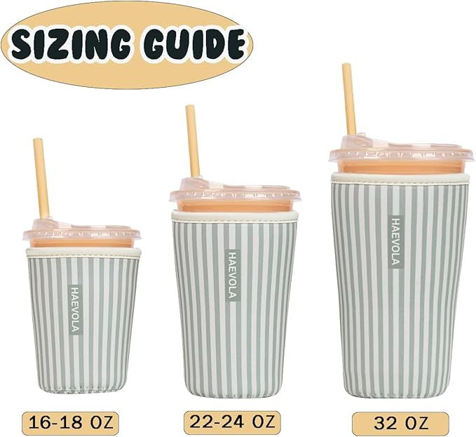 Reusable Insulated Neoprene Iced Coffee Cup Sleeve, Durable Drink Sleeve for Cold Beverages, Beverage Holder for Iced Coffee, Green Stripes