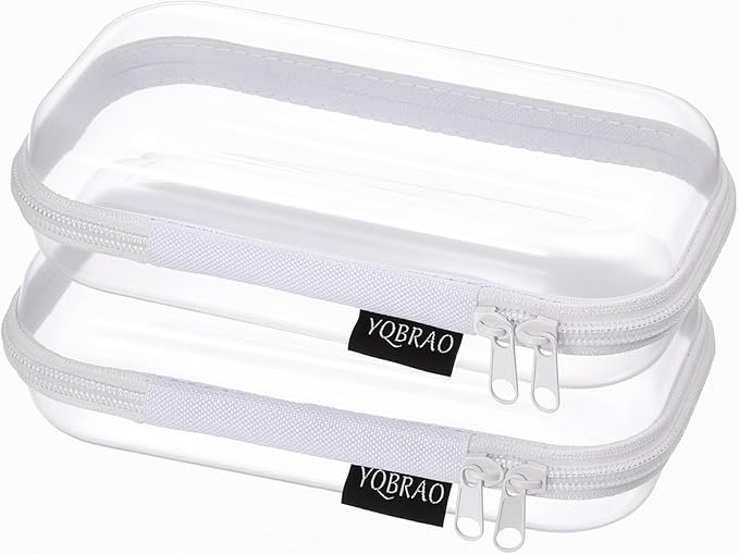 YQBRAO 2-Pack Small Clear Hard Shell Zipper Case White, 1.2mm Heavy-Duty Crush-Proof Makeup Bag, TSA Approved Toiletry Bag, Rigid Diaper Bag Organizer Pouches for Cables, Tech & Snacks