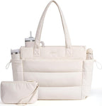 LOVEVOOK Tote Bag for Women with Giant Tumbler Holder Pocket, Puffer Work Travel Laptop Handbag with Zipper for Nurse Teacher