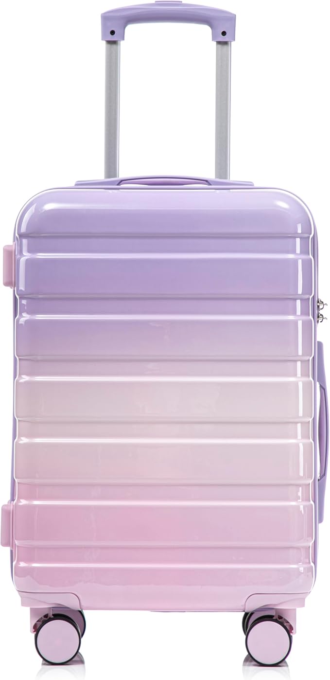 20 Inch Carry on Luggage with 14 Inch Cosmetic Case, 2 Pcs Hardshell Lightweight Durable Spinner Suitcase Set for Travel, Women, Men, TSA Lock, ABS, 20+14 Inch, Pink Purple