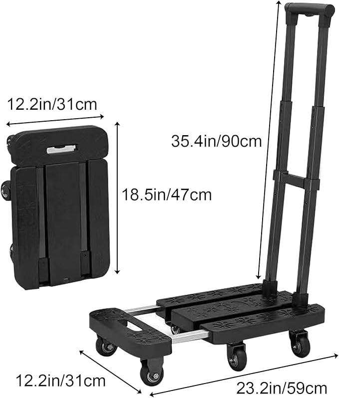 Adjustable Folding Flatbed Cart Portable Hand Truck with Smooth Rolling Wheels Extendable Platform for Home & Office Use (Black)