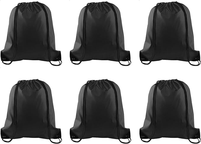 PLULON 6 Pcs Drawstring Bags Bulk Black Drawstring Backpack String Backpack Cinch Sack Sport Gym Backpack Bags for Yoga Traveling Outdoor Sports