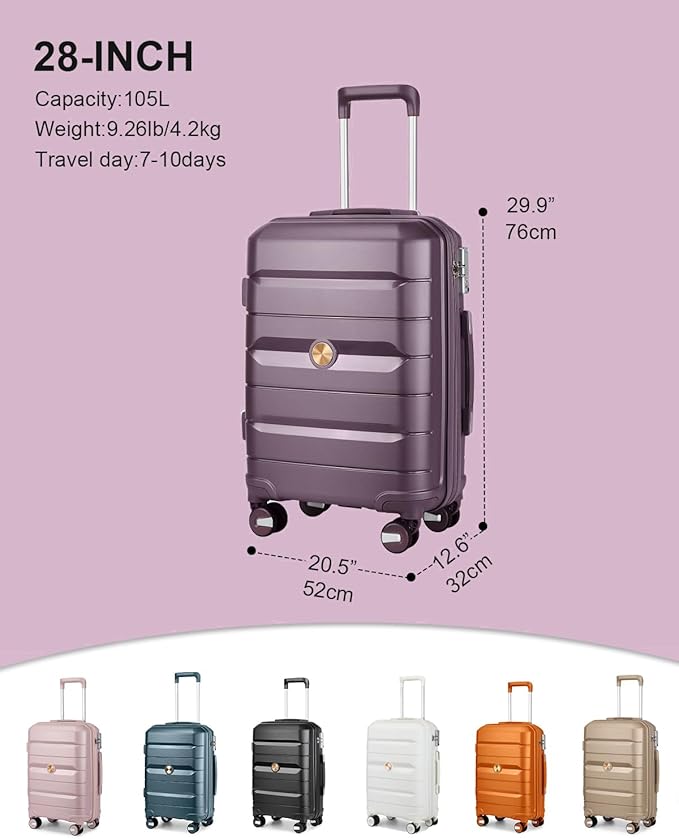 Somago 28 Inch Luggage With Spinner Wheels Hard Shell Polypropylene Suitcase with TSA Lock and YKK Zipper,Elegant Purple