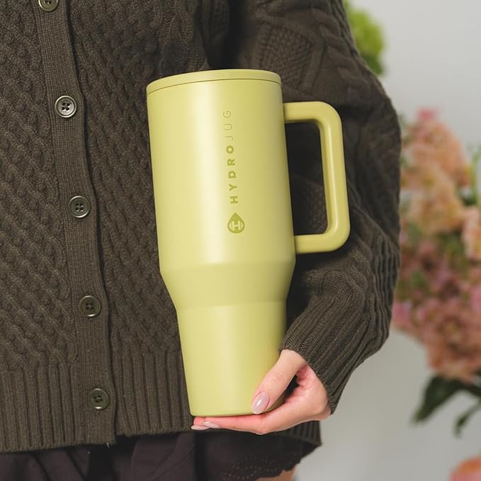 HydroJug Traveler - 40 oz Water Bottle with Handle & Flip Straw - Fits in Cup Holder, Leak Resistant Tumbler-Reusable Insulated Stainless Steel & Rubber Base - Gifts for Women & Men, Olive