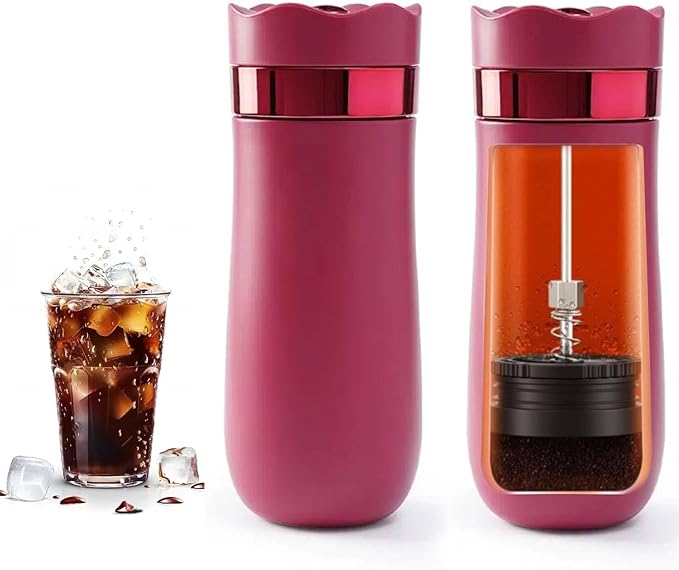 Portable Travel French Press Coffee Maker 12oz Portable French Coffee Maker and Tea Maker Double Walled Stainless Steel Vacuum Insulated Coffee Mug Great for Camping and Traveling (Rose)