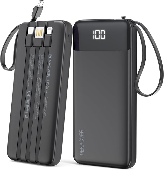 Portable Charger Built-in Cables,10000mAh Power Bank for iPhone,Fast Charge USB C Battery Pack Travel Essentials Slim Lightweight Powerbank Compatible with iPhone 17/16/15/14, Samsung, Android, etc