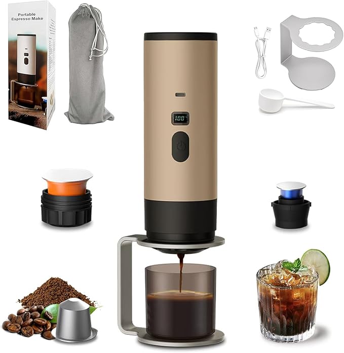 3-in-1 Portable Coffee Maker, 15 Bar Portable Espresso Machine with LED Display and 90ml Sink, Compatible with Ground Coffee & Capsules(Ns&DG) for RV, Hiking, Office, Auto-Heating, USB-C (Champagne)