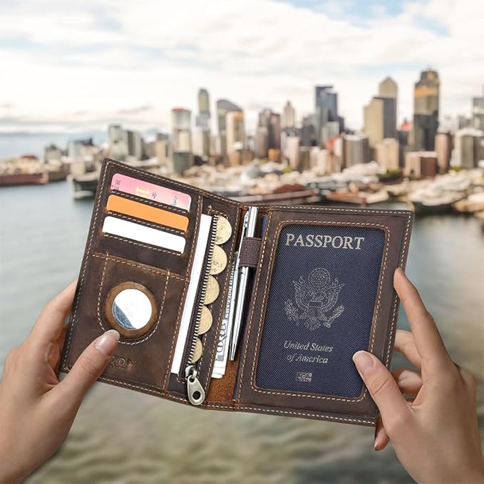 CONTACTS Full Grain Leather Passport Holder RFID Blocking Travel Passport Wallet Compatible with Airtag Passport Case Handmade with 4 Cards Slots, Coin Pocket (Brown)