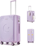 Somago Expandable Carry On luggage with Shock-Absorbing Braking Spinner Wheels Moon Star Design Hard Shell Suitcase with Cupholder TSA Lock (Light Purple,Expandable 20 Inch)