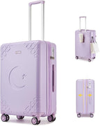 Somago Expandable Carry On luggage with Shock-Absorbing Braking Spinner Wheels Moon Star Design Hard Shell Suitcase with Cupholder TSA Lock (Light Purple,Expandable 20 Inch)