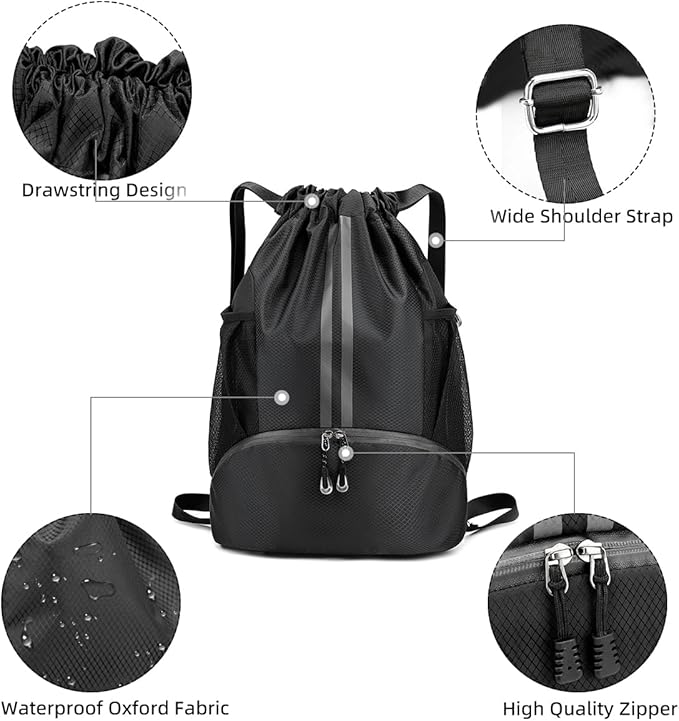 Valleycomfy Sports Drawstring Backpack - Water Resistant String Bag with Side Mesh Pockets Shoe Compartment Gym Backpack for Women & Men Black