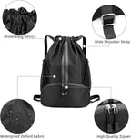 Valleycomfy Sports Drawstring Backpack - Water Resistant String Bag with Side Mesh Pockets Shoe Compartment Gym Backpack for Women & Men Black