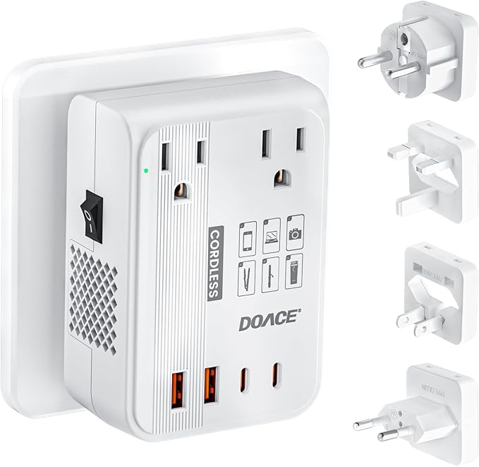 DOACE 220V to 110V Converter - 350W Cordless Voltage Converter US to Europe Power Adapter Combo with 4-Port USB Charging & Worldwide Plugs (UK/AU/US/EU) for Hair Straightener, Curler, Phone