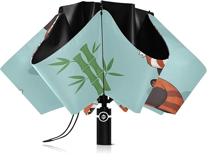 Cute Red Panda Pattern Folding Umbrella Compact Travel Automatic Open Close Sun UV Protection Reverse Inverted Umbrella for Rain Women Men Outsid