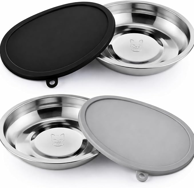 Patelai 4 Pcs Stainless Steel Dog Bowls with Silicone Lids Portable Food and Water Dishes for Pets Sealable Containers for 6.3" for Cats & Small Dogs (Black,Gray)