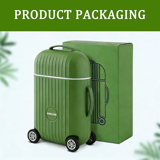 8-Piece Manicure Set in Mini Suitcase, Cute Travel Nail Clipper Kit with Stainless Steel Tools, Portable Grooming Care for Car Console, Office Desk Decor & Unique Gift, Olive Green, 3.9"