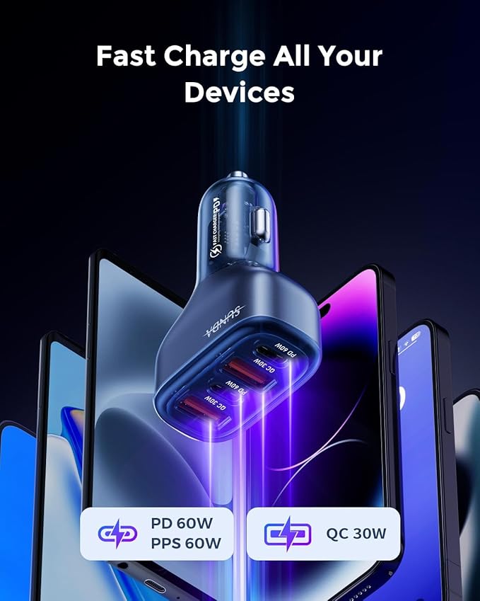 SUNDA 120W USB C Fast Car Charger, 4-Ports Car Charger Adapter, Dual Type C PD60W/PPS60W Compatible with iPhone17/16Pro/Max/iPhone15/Galaxy/SamsungS25, Dual USB-A 18W QC3.0 for Android(Blue)