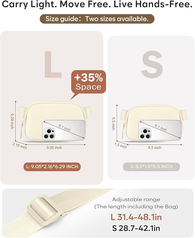 Pritent Fanny Packs for Women Cross Body Bag Waterproof Belt Bag with Adjustable Strap and Zipper Back Pocket Small Crossbody Bags Fashion Waist Packs for Workout Travelling(Ivory, Large)