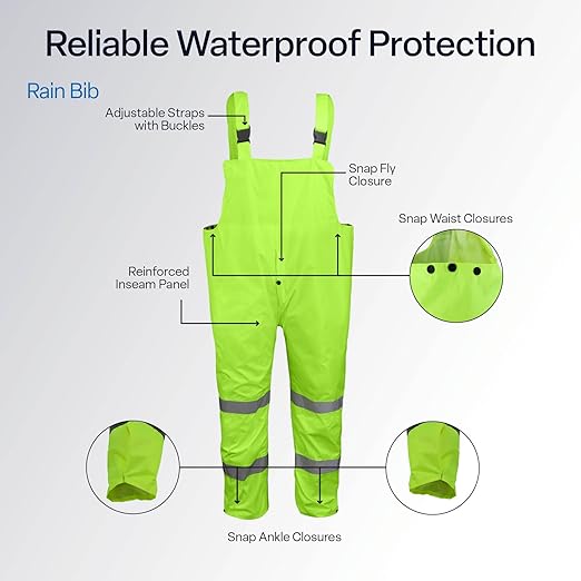 Global Glove FrogWear GLO-8000 Unisex High-Visibility Rain Suit, Lightweight Three-Piece Rain Gear with Waterproof Jacket, Bibs, and Detachable Hood – Neon Yellow, 5X-Large