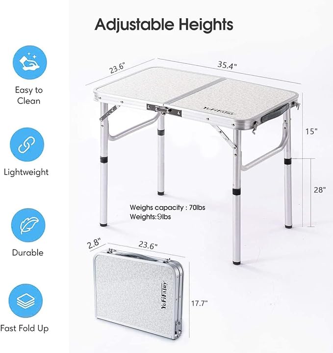 Folding Camping Table, 36''L x24''W Camp Aluminum Table with Adjustable Height Legs, Indoor Outdoor Lightweight Portable Folding Dining Table for Camp Picnic Beach BBQ Cooking 3Ft（2 Heights 15"/28"）