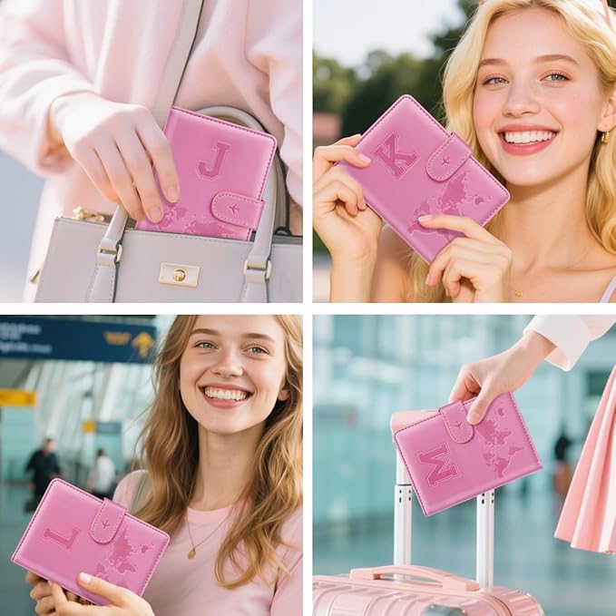 Passport Holder Cover Initail Letter A-Z Travel Wallet Embossed Design RFID Blocking Card Holder Personalized Gift Passport Cover Wallet, Passport Book Holders for Women and Girls, Pink-J