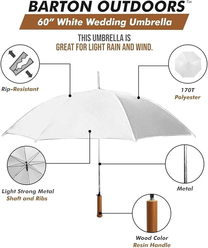 Wedding Umbrella Large 60"| Strong Metal Shaft and Ribs Lightweight | Manual Open Wind Resistant with Wood Color Resin Handle - Perfect for 2 People
