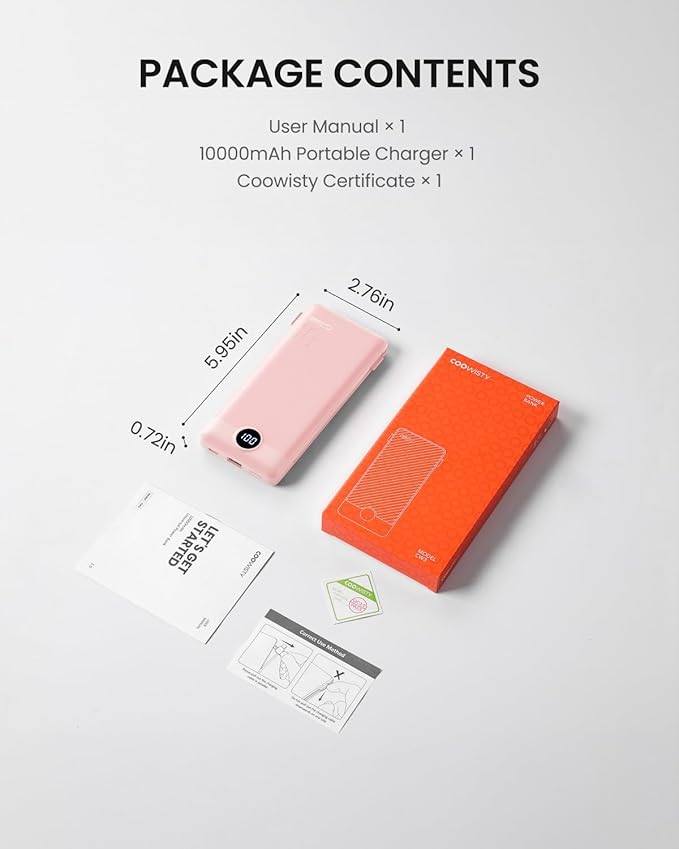 Portable Charger Built-in Cables and Wall Plug, 10000mAh Slim USB C Power Bank, LED Display External Battery Pack Compatible with iPhone/Android & More (Pink)