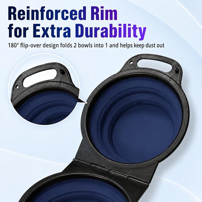 Collapsible Dog Bowls with Carabiner, Double Portable Travel Pet Bowls for Food and Water, Foldable Silicone Dog Bowl for Walking, Hiking, Camping, Small Medium Dogs and Cats, Gray