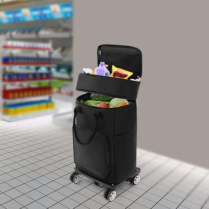 Shopping Trolley with Wheels Collapsible Shopping Cart Utility Dolly Luggage Cart with Telescopic Drawbar, 55.12 Lbs Load-Bearing, for Shopping, Camping, Travel (Black)