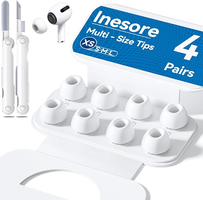 4 Pairs Replacement Ear Tips for AirPods Pro 2nd/1st Generation with Portable Storage Box & Cleaner Pen,Noise Reduction Holewith & Built-in dust Guard Screen,Silicone EarTips(White-xs/Size)