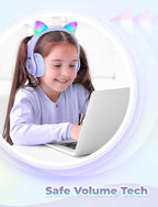 iClever Kids Headphones with Cat Ear Led Light Up, Safe Volume Limite Wired Headphones with FunShare Foldable Over-Ear Headphones for Kids/School/iPad/Tablet/Travel, Meow Donut-Purple